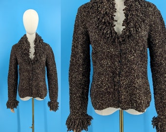 Vintage 2000 Y2K Nine West Large Brown Chunky Knit Button Cardigan with Fuzzy Collar and Cuffs