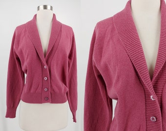 Vintage Seventies Women's Alan Paine Lambswool Cowl Neck Cardigan - 70s Pink Medium Wool Button Front Sweater