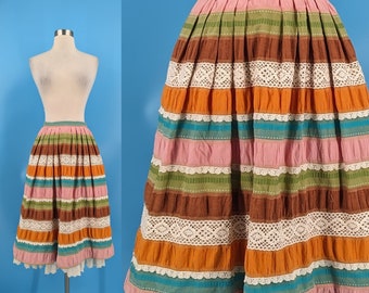 70s Colorful Stripe and Lace Full Pleated Cotton Skirt - Seventies High Waisted Mid Length Skirt