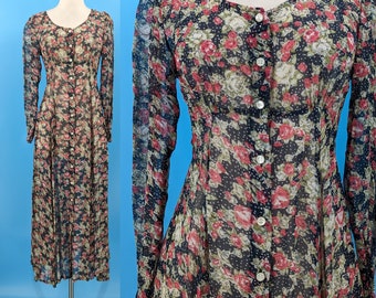 90s Sheer Floral Long Sleeve Button Front Maxi Dress - Nineties XS/Small Rose Print Button Up Dress
