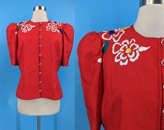 Vintage 80s Anne Crimmins for Umi Collection 12 Red Silk Embroidered Button Front Blouse with Puffy Sleeves