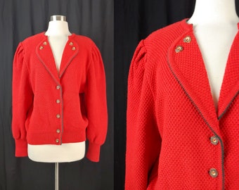 Vintage Eighties Red Wool Knit Cardigan - 80s Large Collared Cardigan with Bishop Sleeves