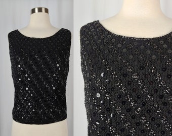 Vintage 60s Black Wool Sequined Sleeveless Sweater - Sixties Medium Embellished Shell Sweater