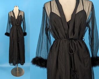 Seventies Black Negligee Nightgown Set with Boa Feather Trim - 70s Medium Slip and Robe Set