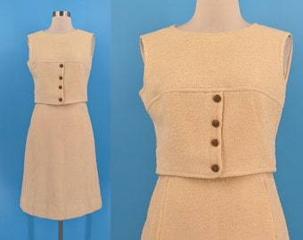 Vintage 60s Cream Sleeveless Mod Shift Dress - Small Sixties Knubby Knit Dress