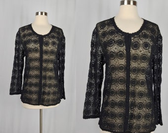 Vintage Seventies Hand Crochet Cardigan - 1970s Black Cotton Sweater - 70s Boho Begonia Top - Large