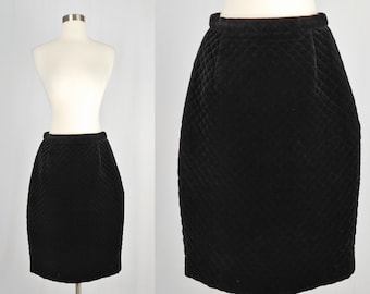 Vintage Eighties Skirt - 1980s Louis Féraud Quilted Skirt - 80s Black Velvet Pencil Skirt - Quilted Black Pencil Skirt - Medium Wiggle Skirt
