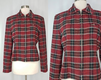 Vintage 90s Andrea Jovine Red Plaid Wool Blend Zip Up - Nineties Size 8 Short Plaid Jacket