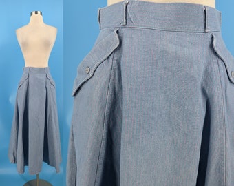 Vintage 70s Salaminder XXS Chambray Pink Pinstripe High Waist Full Skirt with Pockets