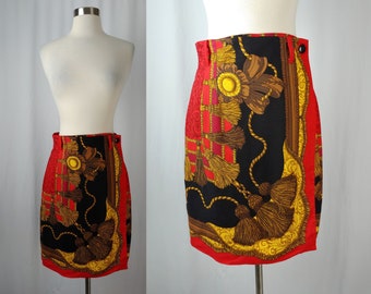 Vintage Bentley Arbuckle Black Green Cranberry Floral Flower Print Denim Maxi Skirt 6 8 Small Fall Autumn Modest