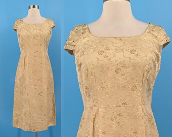 Fifties / Sixties Gold Brocade Cap Sleeve Formal Dress - 50s / 60s Gold Cocktail Dress - XS / Small