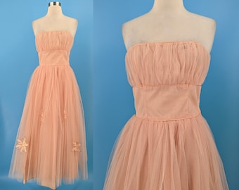 Vestido de fiesta de tul rosa pálido sin tirantes de los años cincuenta XXS - Vestido formal de los años cincuenta con falda amplia
