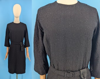 Vintage Sixties Black Metallic 3/4 Sleeve Wiggle Dress - 60s Small Belted Knee Length Sheath Dress