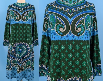 Vintage 60er Jahre Vera Neumann Langarm Grün Blau Print Etui Kleid - Sixties Small All Over Print Vera Kleid