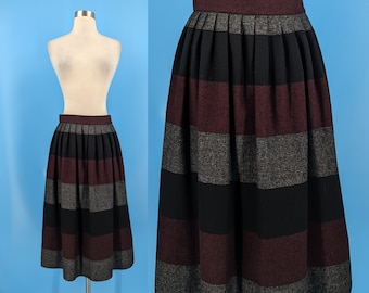 Vintage 80s XS Poly Wool Blend Striped Pleated Mid Length Skirt - Eighties Wool Blend A-line Midi Skirt