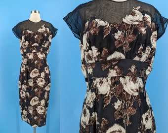 60s Black Rose Print Wiggle Dress with Sheer Yoke - Sixties Medium Short Sleeved Silk Dress