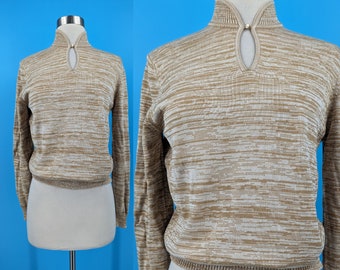 Vintage 70s Jaeger London Spacedye Silk Wool Pullover Sweater - Seventies Tan Small Mockneck Keyhole Sweater