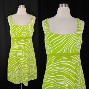 Vintage Y2K Geary Roark Kamisato Mod Revival Neon Green Swirl Dress 2000 Size 10 Sleeveless Shift Mini Dress image 1