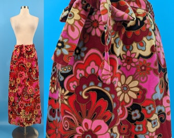 Seventies Psychedelic Pink Floral Velvet Maxi Skirt with Belt - 70s Prestige of Boston XS Long Skirt