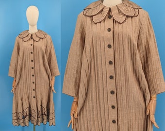 Vintage JSong Collection Linen Pleated Petal Collar Button Front Dress - Large Linen Dress Jacket with Lace Hem