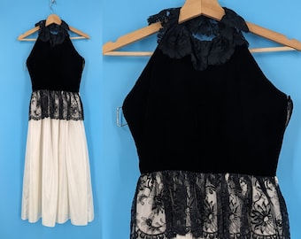 80s Bill Blass Collection III Halter Dress - XXS Eighties Black Velvet and Lace Formal Halter Dress
