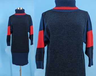 Vintage 80s A'milano Small Color Block Acrylic Turtleneck Dolman Sleeve Sweater Dress