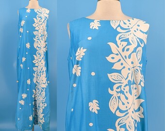 Vintage 60s Medium Polynesian Bazer Polished Cotton Sleeveless Shift Hawaiian Maxi Dress with Pocket