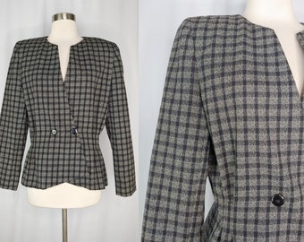 Blazer vintage Christian Dior xadrez de lã sem gola dos anos 90 - Tamanho 10 (EUA) - Cintura ajustada - Ombros estruturados. Jaqueta Dior.
