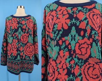 vintage 90s Rose Pullover Pull - Nineties Floral Knit Sweater