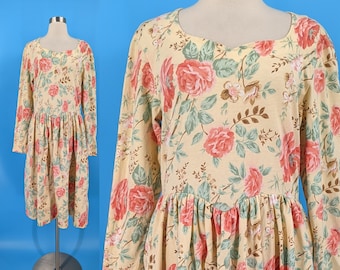 Vintage 90s Talbots Large Cotton Yellow Rose Print Long Sleeve Dress