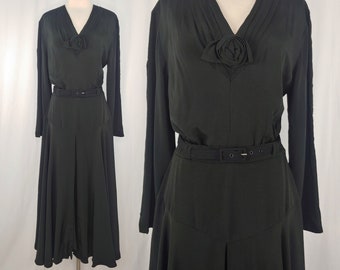 Vintage Eighties Does Forties Black Rayon Blend Long Sleeve Belted Dress - 80s Does 40s Wild Rose Small Midi Mid Length Dress