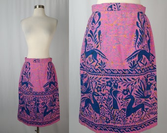 Vintage Pink Deer Escalera Batik Print XS Skirt - Vintage Straight Skirt