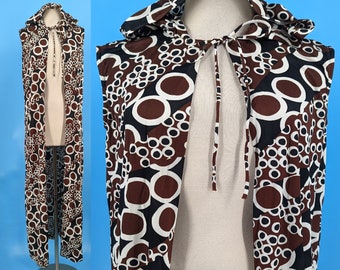 Vintage 70s Jantzen Medium Circle Print Hooded Cape - Seventies Black Brown Long Tie Front Vest with Hood