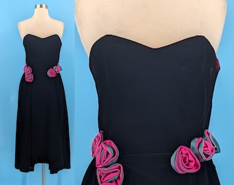 Vintage Eighties Black Velvet Strapless Formal Prom Dress with Roses - 80s XXS Heidi J Black Velvet Cocktail Dress