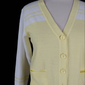 Vintage Seventies Yellow and White Cardigan Sweater 70s Acrylic Knit Small Women's Button Front Cardigan image 2