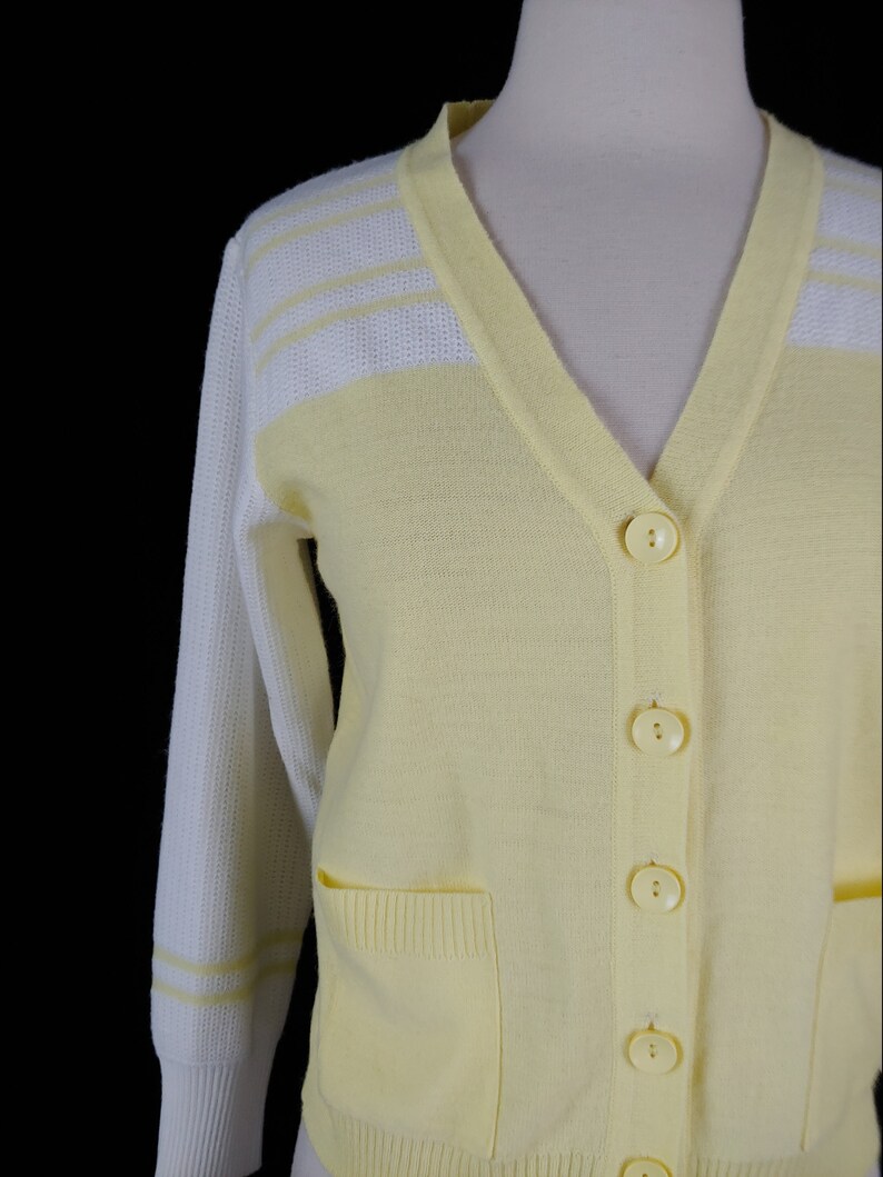 Vintage Seventies Yellow and White Cardigan Sweater 70s Acrylic Knit Small Women's Button Front Cardigan image 2