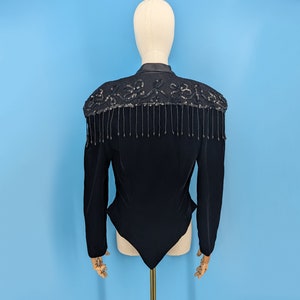 Vintage 80s Black Velvet Cropped and Fitted Western Tuxedo Jacket with Broad Shoulders and Beaded Trim Size 9 image 6