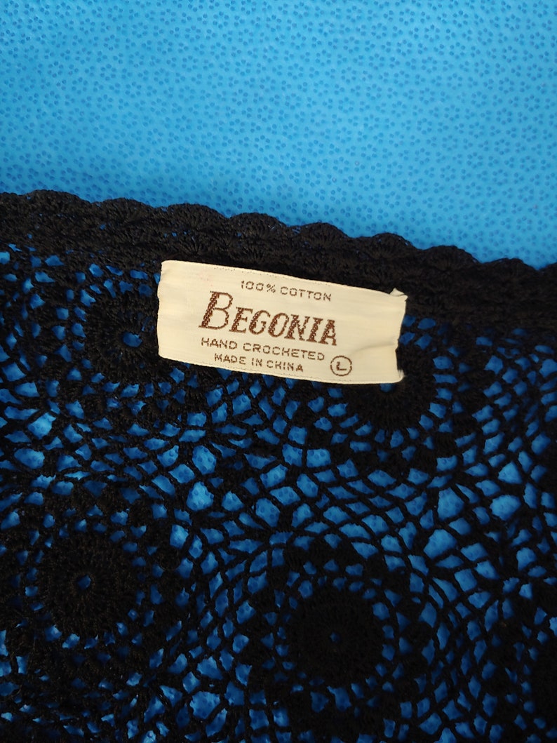 Vintage Seventies Hand Crochet Cardigan 1970s Black Cotton Sweater 70s Boho Begonia Top Large image 2