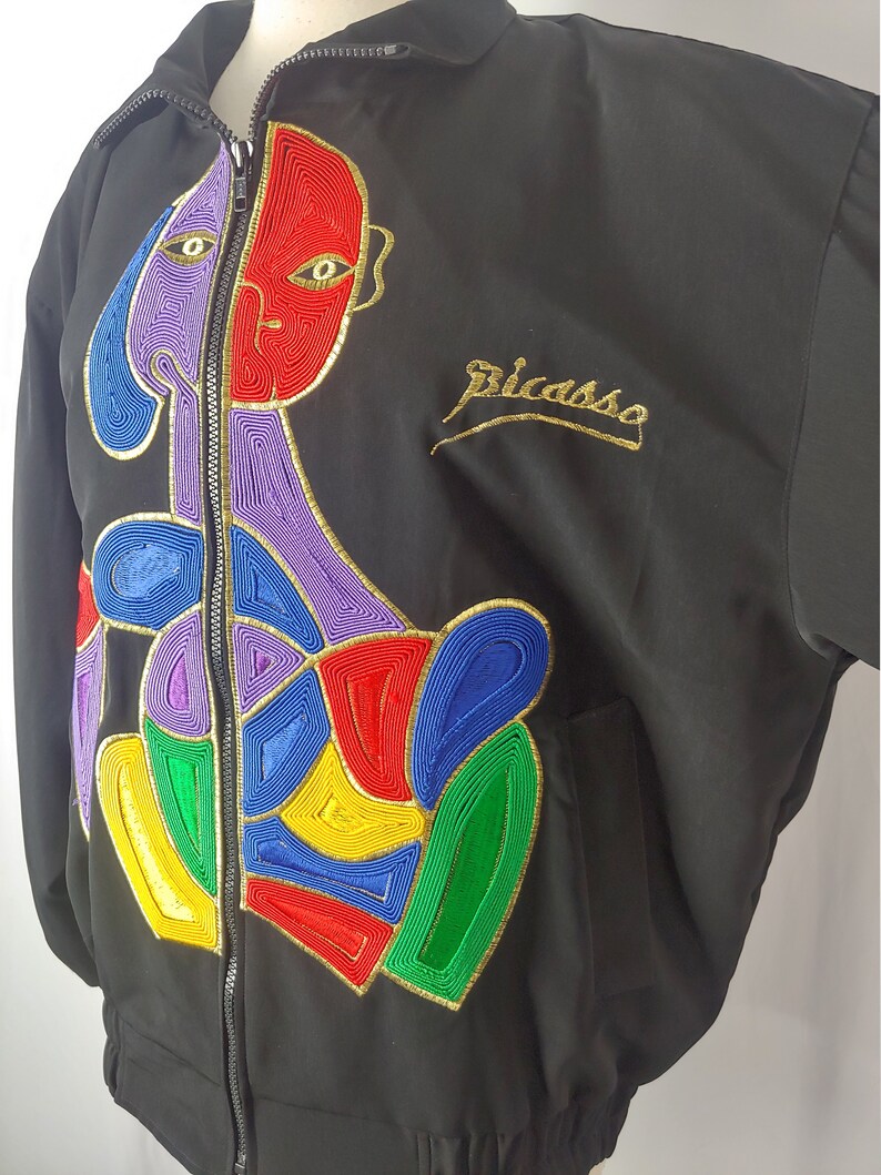 Vintage Eighties Picasso Jacket 80s Black Women's Large Mighty Soutache Colorful Picasso Woman Zip Up Jacket image 4