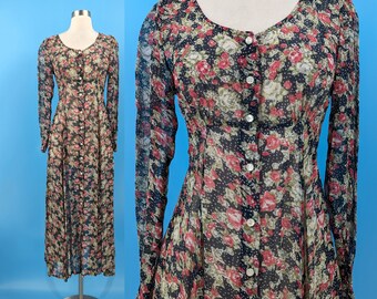 90s Sheer Floral Long Sleeve Button Front Maxi Dress - Nineties XS/Small Rose Print Button Up Dress