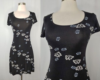 Vintage 2000 Y2K Black Short Sleeve Stretch Mini Dress - Butterfly Print Scoop Neck Nylon Stretch Dress XS