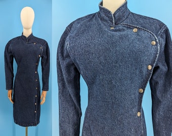 Nineties Paris Blues Small Long Sleeve Side Snap Denim Cheongsam Jean Dress