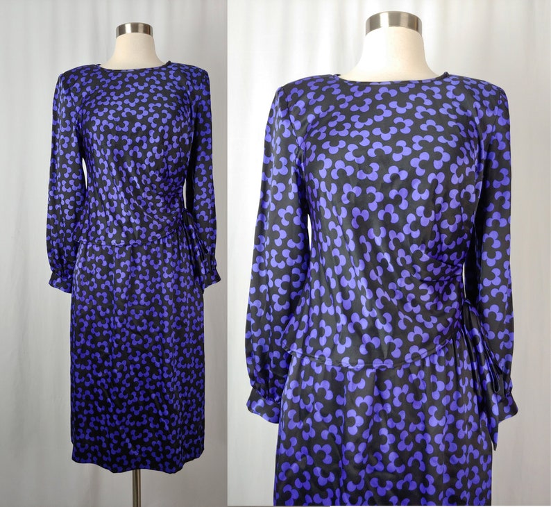 Albert Nipon 90s XS Purple Black Floral Silk Blouse and Skirt Set Nineties Flower Print Silk Set image 1