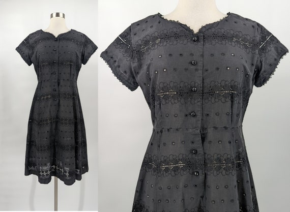 Vintage 50s Black Eyelet Short Sleeve Dress - Fif… - image 1