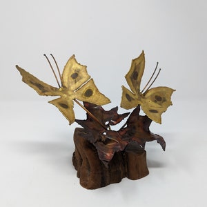 Vintage Seventies Torch Cut Brass Copper Wood Butterfly Fallen Leaves Brutalist 70s Small Sculpture image 8