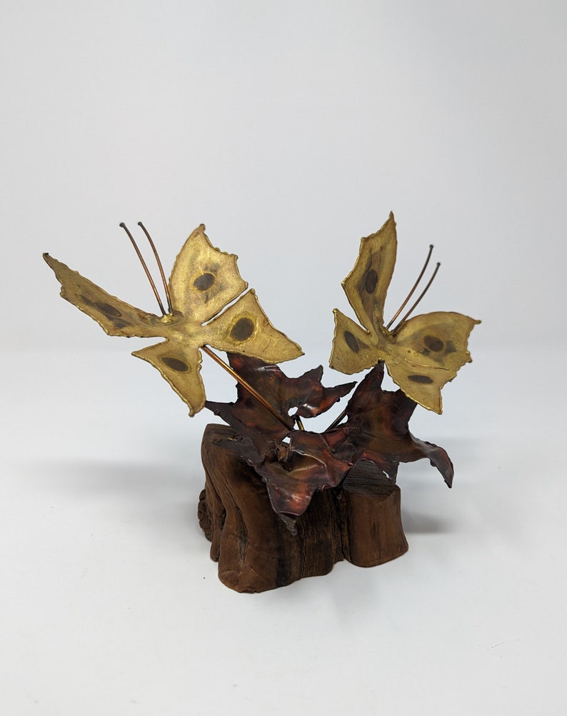 Vintage Seventies Torch Cut Brass Copper Wood Butterfly Fallen Leaves Brutalist 70s Small Sculpture image 8