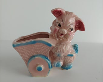 Vintage Planter - Vintage Bear Pig Dog Pink Strange Planter - Ceramic Pink Animal Figurine with Wheelbarrow