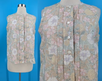 Vintage 80s Laura Ashley 12 Linen Cotton Blend Sleeveless Floral Print Button Up Pleated Blouse