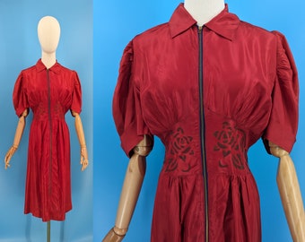 1940s Eastern Isles Red Zippered Dressing Gown - Vintage 40s Puffy Sleeve House Dress - Medium Forties Dress