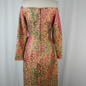 Vintage Eighties Victor Costa I. Magain Jacquard Dress 80s Off the Shoulder Cocktail Dress XS Colorful Gold Print Long Sleeve Dress image 6